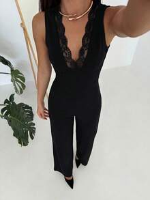 Aloruh Bộ jumpsuit cổ chữ V viền ren, trang phục công sở, jumpsuit mùa hè/jumpsuit đen thanh lịch thường ngày/jumpsuit đa năng dễ phối đồ - màu đen - Xem 3