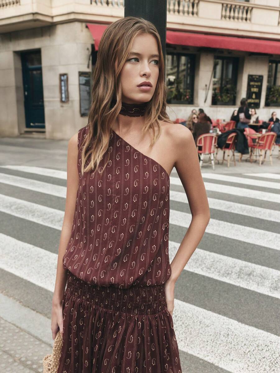 Nöista Paisley Shiny Halter Mini Dress, Gathered Skirt, Complemented By A Matching Scarf Around Neck. Spring, Summer, Easter. - Brown - View 1