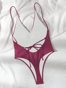 Swim Basics 女士纯色性感吊带连体泳衣 - 中紫紅色 - 查看 6