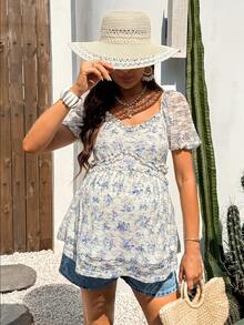 Boho Mama Maternity Casual Ditsy Floral Lace T-Shirt - Blue and White - View 7