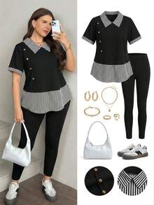 SHEIN LUNE 大码纯色条纹拼接短袖上衣和纯色长裤两件套 - 彩色 - 查看 1