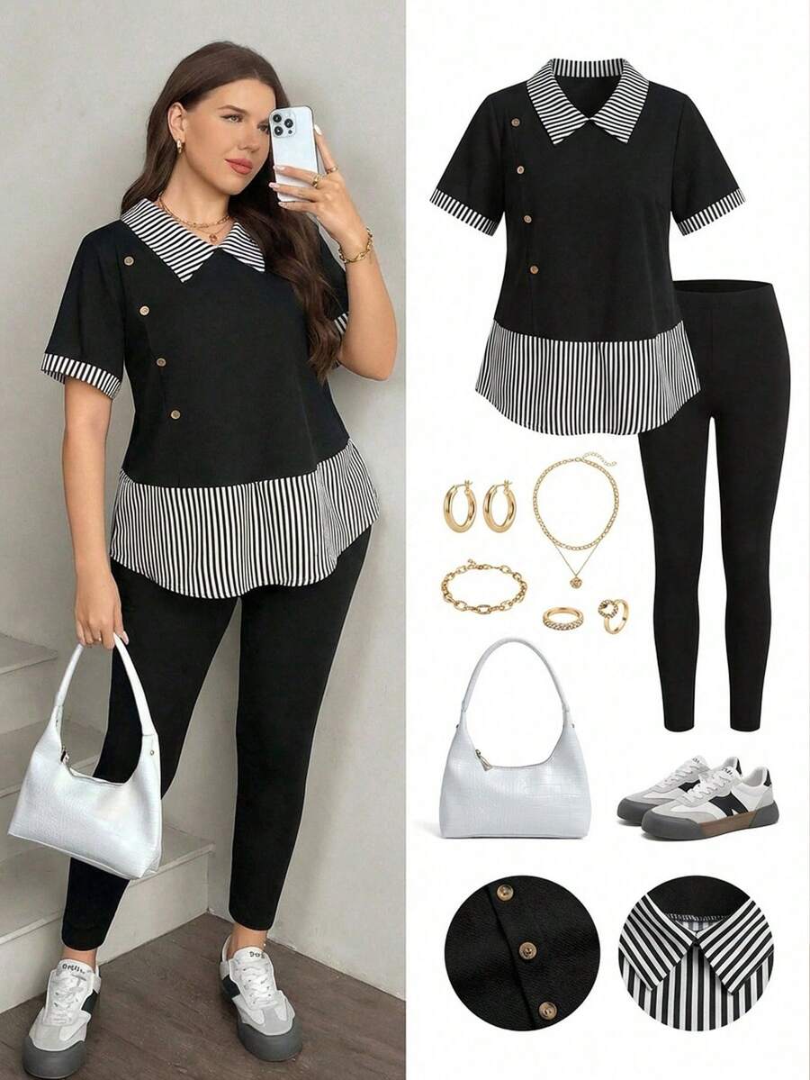 SHEIN LUNE 大码纯色条纹拼接短袖上衣和纯色长裤两件套 - 彩色 - 查看 1