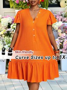 SHEIN CURVE+ Hàng mới về Thu Đông 2025, Quần áo nữ Thu/Halloween/Đông, Hè Thu cỡ lớn, Trang phục lễ hội âm nhạc/Halloween, Lễ Phục Sinh, Phong cách miền Tây, Tiệc sinh nhật, Lễ tốt nghiệp, Trang phục học sinh, Thường ngày, Cơ bản đa năng, Giải trí, Kỳ nghỉ, Du lịch biển, Bãi biển, Tắm nắng, Thư giãn, Vải có họa tiết, Tay áo loe, Dáng chữ A rộng, Trang trí nút, Váy nữ, Váy cỡ lớn - trái cam - Xem 1