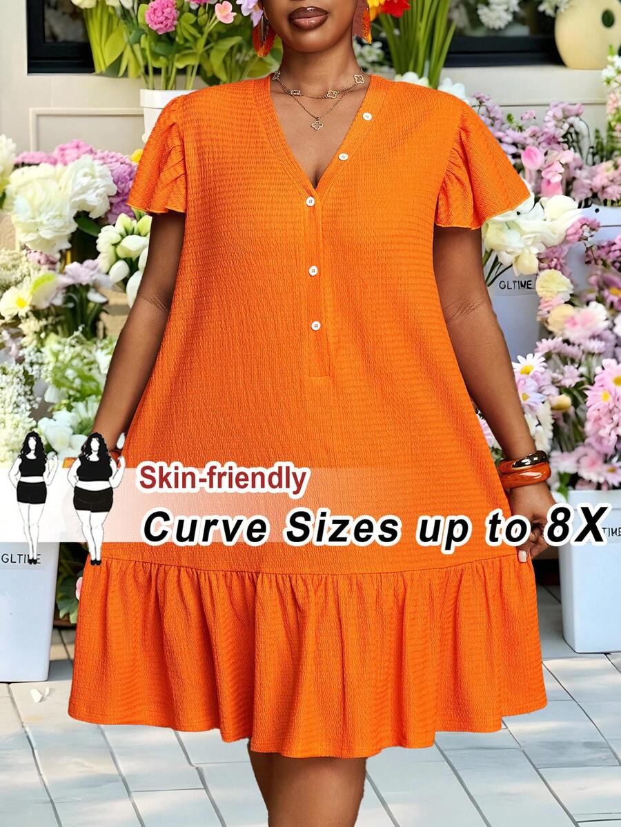 SHEIN CURVE+ Hàng mới về Thu Đông 2025, Quần áo nữ Thu/Halloween/Đông, Hè Thu cỡ lớn, Trang phục lễ hội âm nhạc/Halloween, Lễ Phục Sinh, Phong cách miền Tây, Tiệc sinh nhật, Lễ tốt nghiệp, Trang phục học sinh, Thường ngày, Cơ bản đa năng, Giải trí, Kỳ nghỉ, Du lịch biển, Bãi biển, Tắm nắng, Thư giãn, Vải có họa tiết, Tay áo loe, Dáng chữ A rộng, Trang trí nút, Váy nữ, Váy cỡ lớn - trái cam - Xem 1