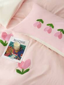Juego de edredón bordado con tulipanes 100% poliéster de 3 piezas, que incluye 1 funda de edredón y 2 fundas de almohada (sin relleno) - Rosa Pálido - Ver 4
