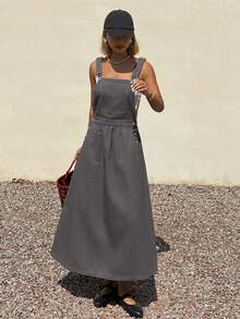 Livesso Women's Casual Denim Pinafore Dress - Grey - View 4