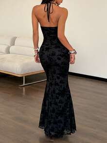 FavEase Black Flocked Ruched Spaghetti Strap Fitted Casual Dress For Women, Spring/Summer - Black - View 2