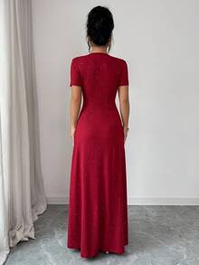 Elenzga Elegant Ruched Asymmetric Design Waist Cinched Short Sleeve Dress, Shiny Powder Fabric, Casual Daily Wear, Party, Gathering, Fashion Red Party Dress - Red - View 2