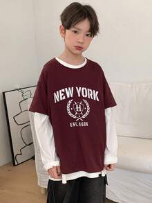 DAZY 青少年男孩字母印花仿叠层圆领长袖休闲T恤 - 酒紅色 - 查看 1