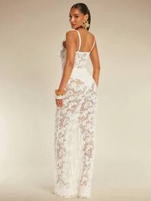 Silquee Bộ áo liền quần nữ màu trơn phối ren, chất liệu xuyên thấu. - trắng - Xem 2