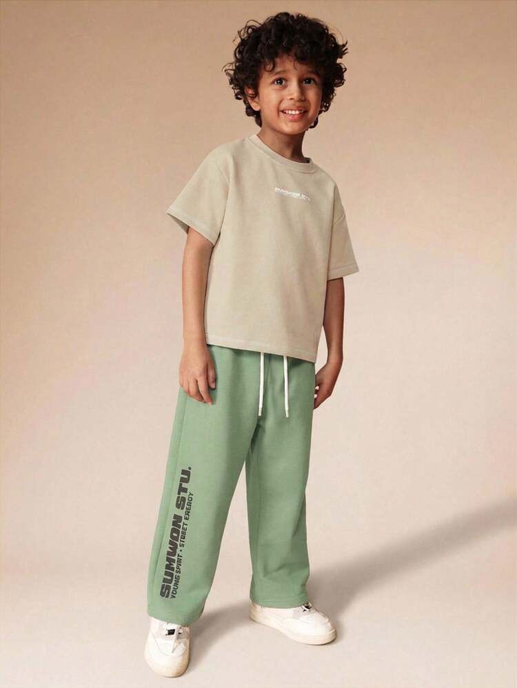 Boys Summer Co-Ord Set With Printed Text Short Sleeve T-Shirt And Drawstring Jogger Pants Casual Comfortable Two Piece Outfit