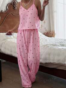 CottageSlumber 女士泡泡褶皱条纹樱桃印花吊带背心和裤子睡衣套装 - 粉色 - 查看 3