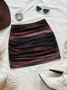 SHEIN Franclia Multicolor Tie Dye Ruched Bodycon Mini Skirt For Women,Semi Sheer Style Pencil Skirt Outfit,Luxury Party Wear,Dark Brown,Summer,Punk,Night - Multicolor - View 1