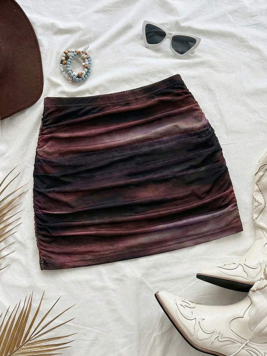 SHEIN Franclia Multicolor Tie Dye Ruched Bodycon Mini Skirt For Women,Semi Sheer Style Pencil Skirt Outfit,Luxury Party Wear,Dark Brown,Summer,Punk,Night - Multicolor - View 1