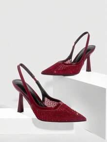 CUCCOO SZL Women's Pointed Toe High Heel Black Mesh Rhinestone Embellished Fashionable Sexy Glamorous Party Occasion Stilettos With Ankle Strap - Burgundy mirror 1 - View 3