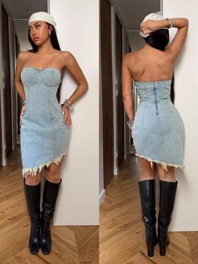 StreetHx Women's Frayed Hem Fitted Denim Cami Dress