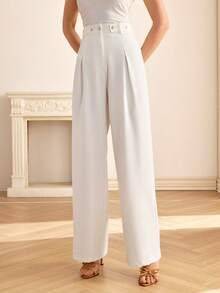 CLARA VERO Pantalones acampanados de cintura alta con pliegues, ajuste regular, perfectos para la oficina, salidas urbanas o eventos casuales elegantes, hechos de tela tejida ligera 100% poliéster sin elástico - Blanco - Ver 5