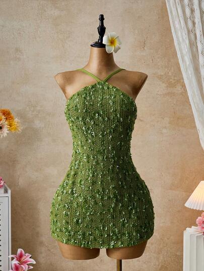 Femesol Women's Solid Color Shiny Halter Mini Dress, Vacation Style Women's Party Dress Cocktail Dresses Special Occasion Dress Luxury Sequin Dress Green Sequin Mini Dress