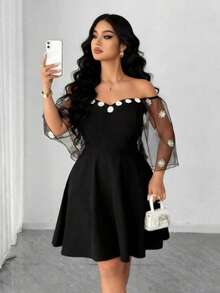 Elenzga Elegantes Maxikleid in Große Größen mit besticktem Mesh-Ärmel und Patchwork-Muster, geeignet für Frühling/Sommer, Schulanfang, Urlaub, Abschluss, Feiertage, Valentinstag, Weihnachten, Musikfestivals, Muttertag, Halloween, Thanksgiving, Ostern, Nationalfeiertag, Abschlussball, Dates, Partys, Hochzeiten, Outdoor-Aktivitäten - Schwarz - Übersicht 1