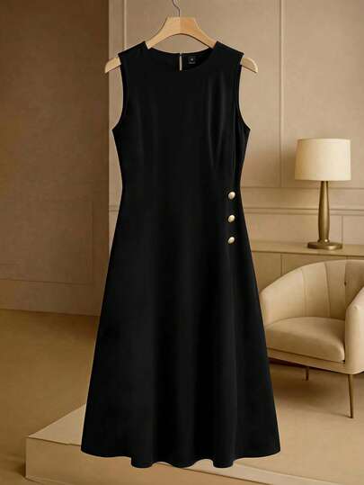 GlowEve CURVE 大码女式夏季休闲通勤纯色无袖连衣裙