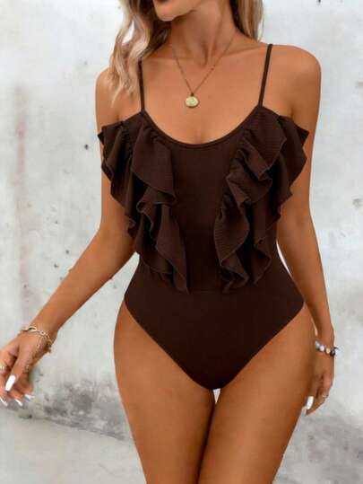 Franclia Women's Solid Color Ruffle Hem Casual Versatile Date Night Bodysuit