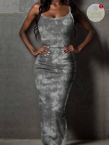 SHEIN EZwear 休闲简约街头风全印花浅色扎染图案修身吊带长裙，适合夏季穿着 - 彩色 - 查看 8