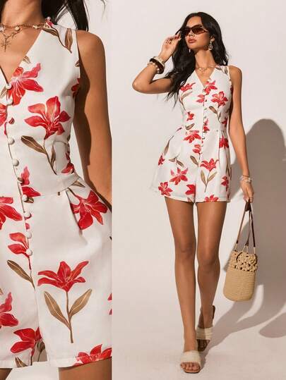 Poéselle Women's Floral Print Sleeveless Jumpsuit, Casual Vacation ,Summer Holiday Outfits,Summer Music Festival Outfits,Holiday Date Outfits