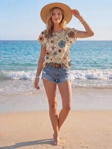 EMERY ROSE Camisa casual de mujer con patrón floral retro y cuello redondo, adecuada para el verano y para salir, blusas elegantes para mujer, casual - Multicolor - Ver 5