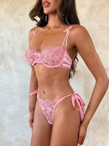 Aloruh Bộ đồ lót ren thêu lãng mạn màu đỏ tía gợi cảm cho nữ, quần lọt khe - Hồng - Xem 6