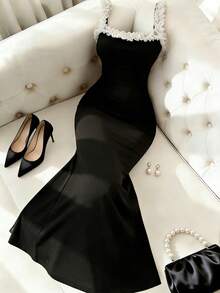 Franclia 优雅长裙，黑色蕾丝边连衣裙，黑白拼接连衣裙，吊带连衣裙 - 黑色 - 查看 1