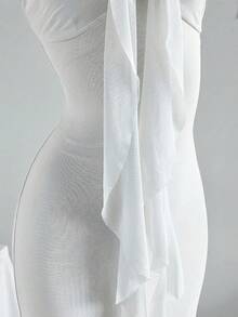 Soleia 女款白色夏季優雅針織網紗修身掛脖長洋裝，金屬扣飾魚尾下擺，適合度假、派對郵輪、聖誕、約會、夜店 - 白色 - 查看 5