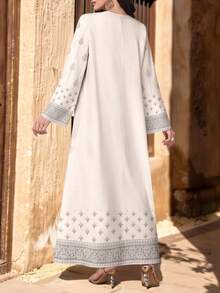 SHEIN Najma Floral Symmetry Design Pattern Print V-Neck Women's Long Sleeve Maxi Dress, Elegant Arabic Style Clothing, Spring/Summer - Multicolor - View 2