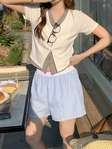 K-Vae 女士轻薄弹力腰荷叶边休闲短裤 - 藍色 - 查看 4