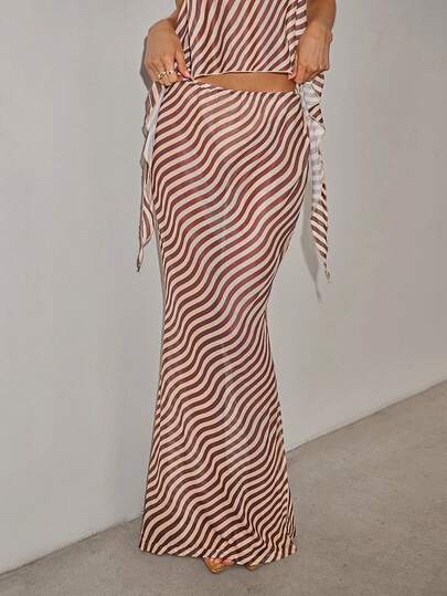 SHEIN ICON Women's Vacation Beach Striped Mermaid Skirt