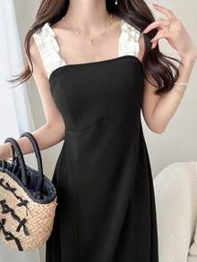 FRIFUL Women's Contrast Color Ruffle Strap Patchwork A-Line Waist Sweet Long Dress, Sleeveless For Summer Sundress Cocktail Dress - Black - View 5