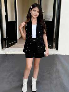 SHEIN 3pcs Tween Girls' Spring/Summer Outfit Set: Beaded Vest, Elegant Black Shorts, White Camisole Layering Suit, & Stylish - Black - View 1