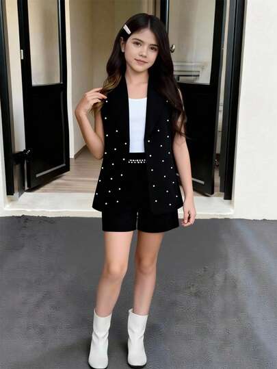 SHEIN 3pcs Tween Girls' Spring/Summer Outfit Set: Beaded Vest, Elegant Black Shorts, White Camisole Layering Suit, & Stylish
