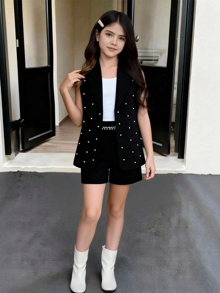 SHEIN 3pcs Tween Girls' Spring/Summer Outfit Set: Beaded Vest, Elegant Black Shorts, White Camisole Layering Suit, & Stylish - Black - View 1