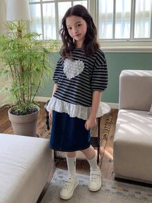 DAZY Tween Girls Round Neck Knit Striped Contrast Lace Trim Short Sleeve T-Shirt, Fall - Black and White - View 7