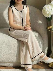 SHEIN Tween Girl Casual Elegant Woven Contrast Color Sleeveless Top With Pockets And Wide Leg Pants 2-Piece Set, Khaki, Suitable For Daily Wear, Back To School, Mother-Daughter Matching - Khaki - View 2