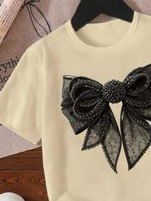 Sparklyn Young Girl Butterfly Print Round Neck Short Sleeve T-Shirt, Suitable For Summer - Apricot - View 3