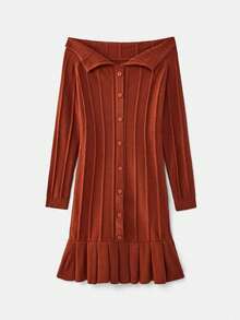 lacRébo Brown Mini Knitted Dress With Volant And Cable Details, Every Occasion - Orange - View 6