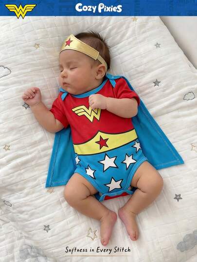 WONDER WOMAN X Cozy Pixies Newborn Baby Girl Contrast Color Round Neck Short Sleeve Romper, Versatile & Comfortable