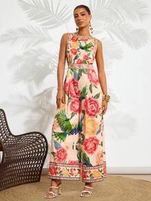 Amorya 女士优雅露背连体裤，宽松撞色印花度假连体裤，沙滩连体裤，优雅鸟类印花连体裤，度假装连体裤，长款碎花连体裤，春夏女装，复活节，优雅派对装，沙滩装，母亲毕业礼服，毕业礼服，伴娘礼服，婚礼宾客礼服，婚礼，女士度假装，夏季假日装，女士正式服装，Y2K风格，女士办公室装，碎花连体裤，女士夏季连衣裙 - 彩色 - 查看 4