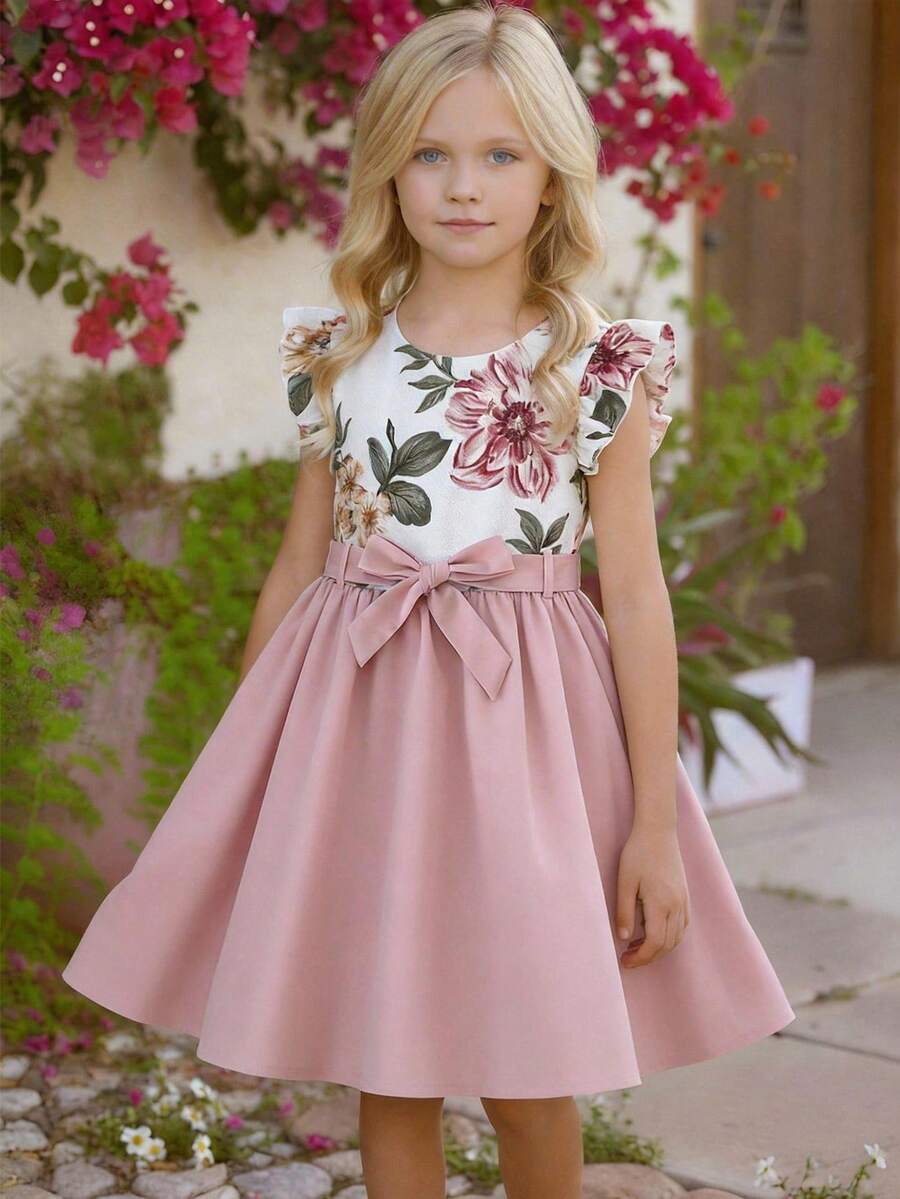 Emery Rose Kids Emery Rose Kids 少女碎花短袖系腰连衣裙 - 粉色 - 查看 1