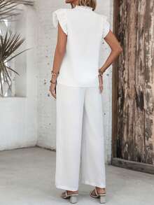 EMERY ROSE 女士度假休闲花卉刺绣衬衫和裤子两件套 - 白色 - 查看 2