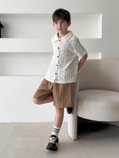 DAZY Tween Boy Textured Geometric Print Short Sleeve Shirt And Shorts Casual Set