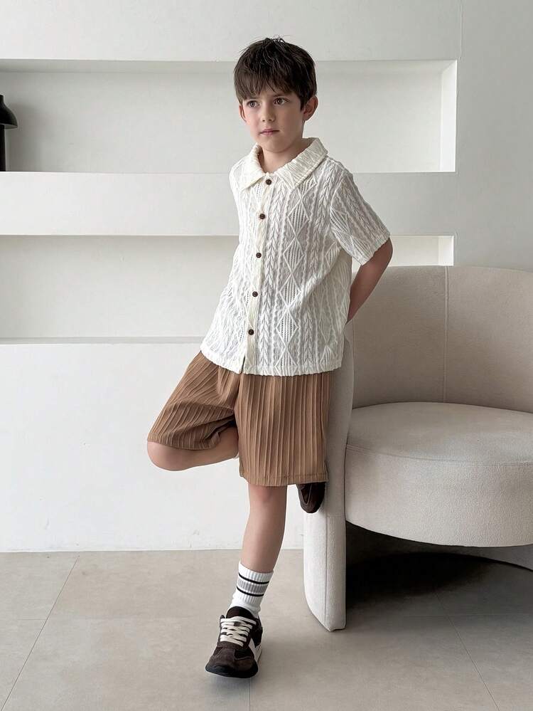 Tween Boy Textured Geometric Print Short Sleeve Shirt And Shorts Casual Set Summer