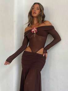 Aloruh 女士纯棕色露肩网纱长袖连衣裙，波西米亚风褶皱A字飘逸连衣裙 - 棕色 - 查看 5