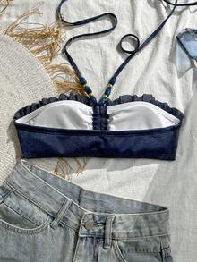 Swim Vcay Bestselling Beach Vacation Casual Top, Made Of Special Fabric With Front & Back Drawstring, Wrinkled, Strapless, Beaded, Backstrap, Non-Slip Neckline - Multicolor - View 2